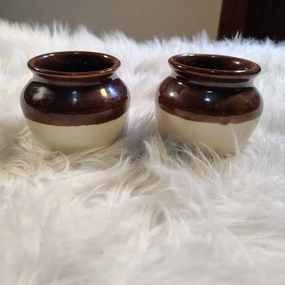 Burnham & Morrill CO Small Stoneware Bean Pot Brown & White Glaze Lot Of 2